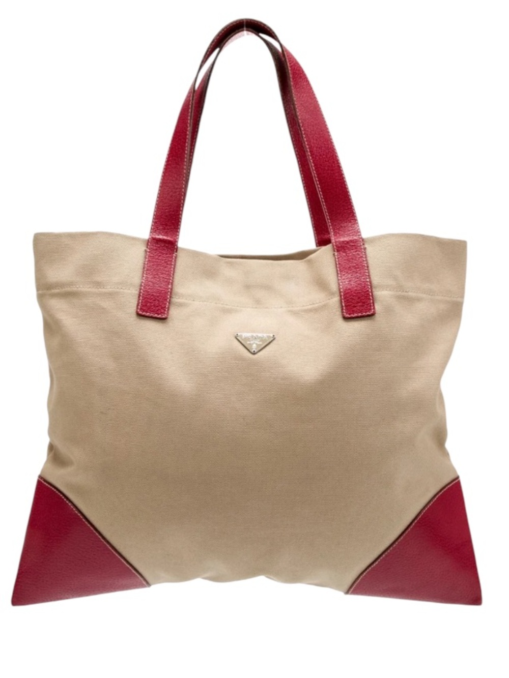 Vintage Prada Enameled Triangle Logo Canapa Cinghi Canvas Tote Red Leather Trim - Picture 1 of 8